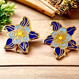 MMA Metropolitan Museum Art Blue Enamel Flower Clip-on Earrings Goldplate